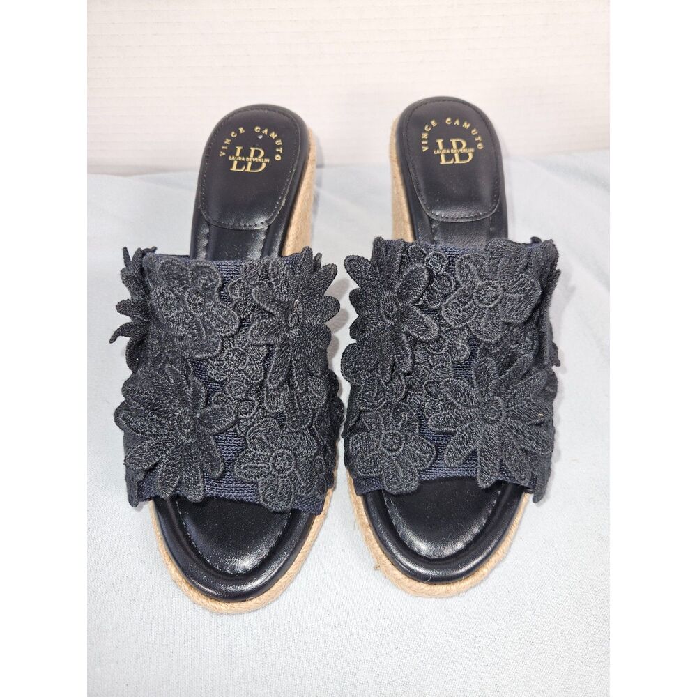 Vince Camuto x Laura Beverlin Daisy Espadrille Wedge Sandals Black Floral 8.5M